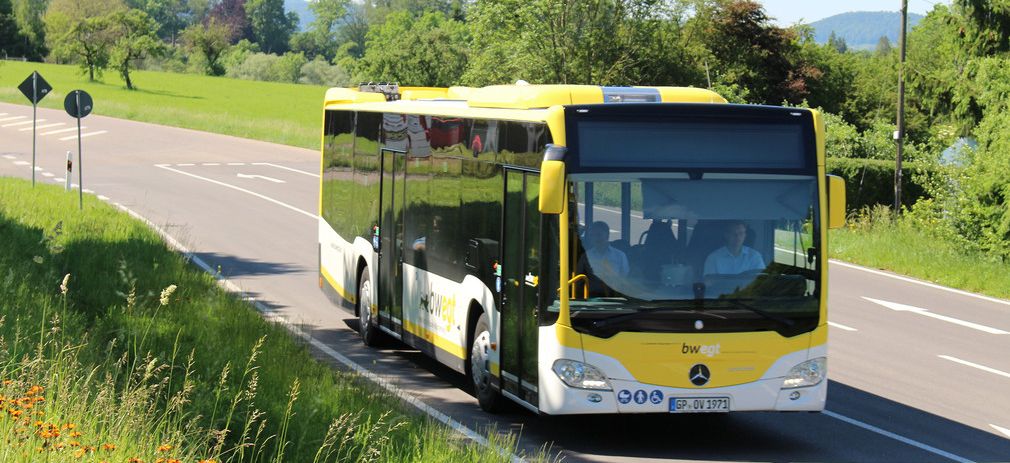 gelber Bus fährt auf Landstraße 