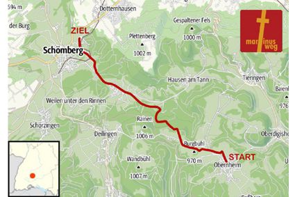 topographische Karte mit eingetragener Wanderroute