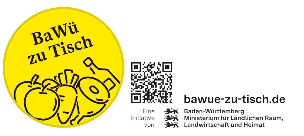 Logo zu Kampagne BaWü zu Tisch des Ministeriums für Ländlichen Raum, Landwirtschaft und Heimat Webadresse und QR-Code führen zur dazugehörigen Website www.bawue-zu-tisch.de